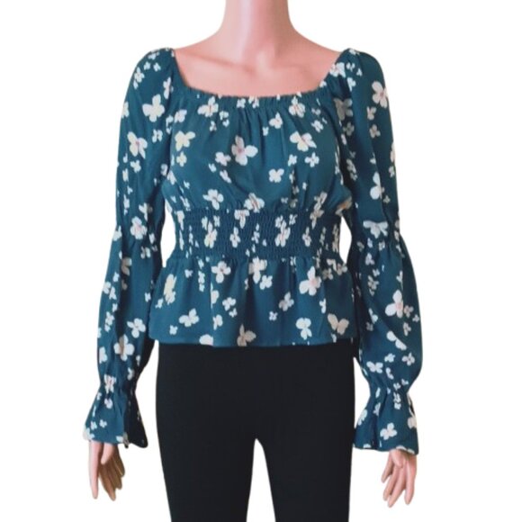 Blue Floral Smocked Ruffle Top M Puffed Sleeves Off Shoulder Blouson Blouse - Picture 6 of 13